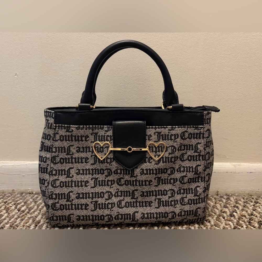 Juicy Couture Top Handle Purse Hearts Gray Black Gold Logo Bag NWOT